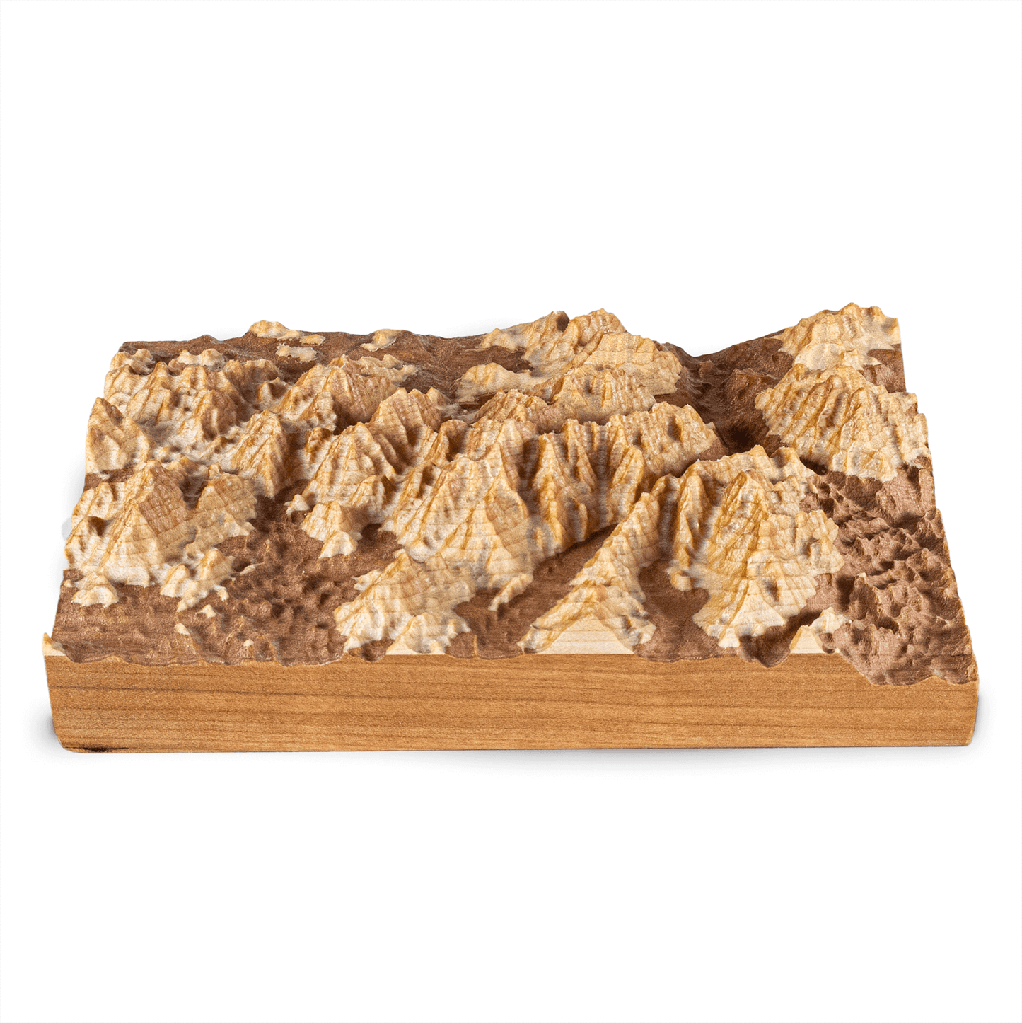 Wooden block with the Adirondack mountainous topography in a 3D design on a white background