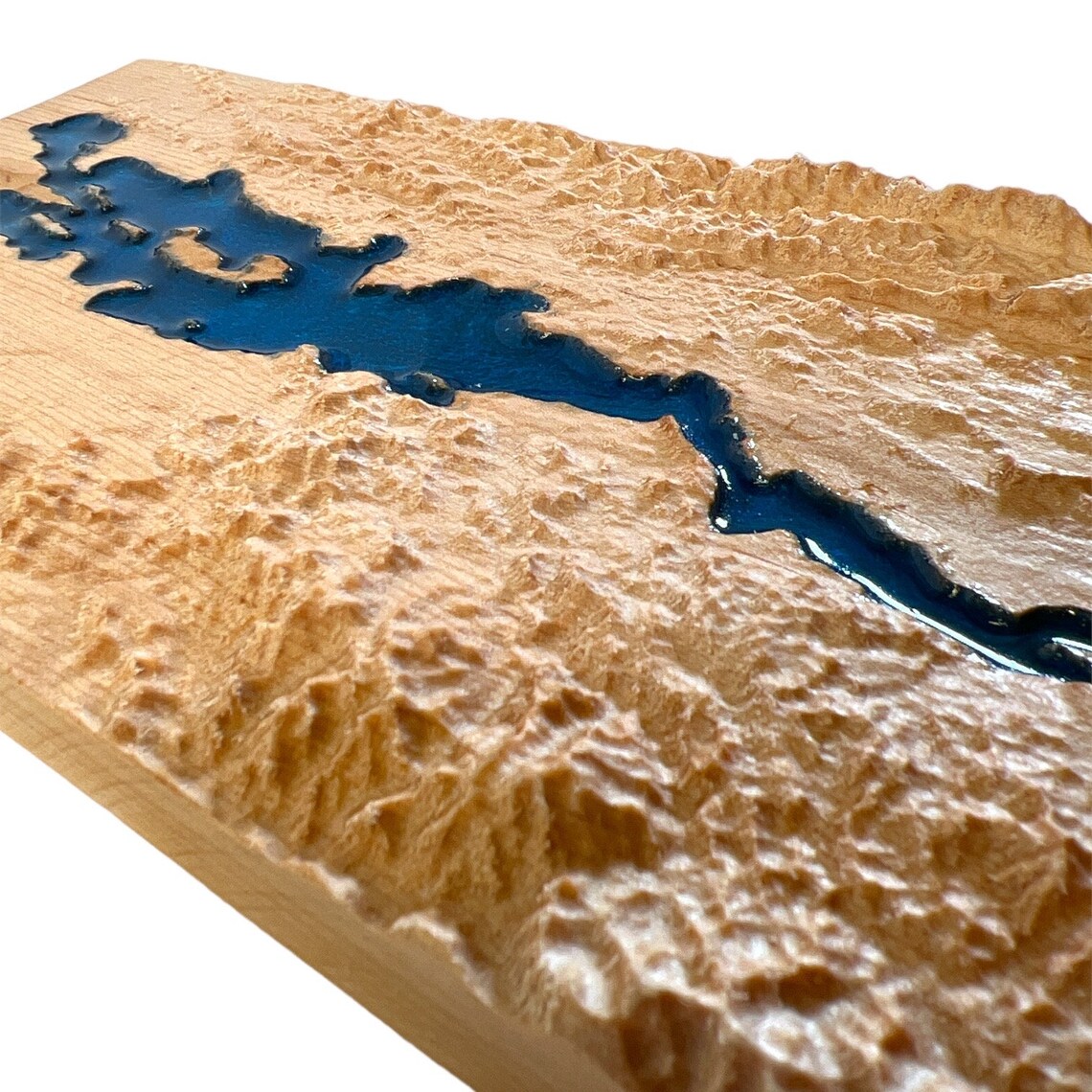 Wooden topo map detail of lake champlain with a blue water inset