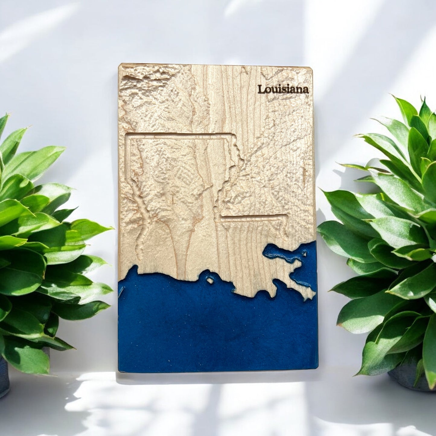 A wooden 3D topographic map of Louisiana with blue epoxy resin representing water, displayed between two potted plants.