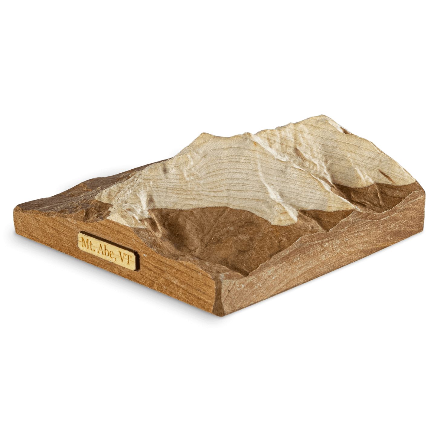 Left side angled view of Mount Abraham in Vermont, USA. Carved from a 2-tone block of wood to represent a snowline.
