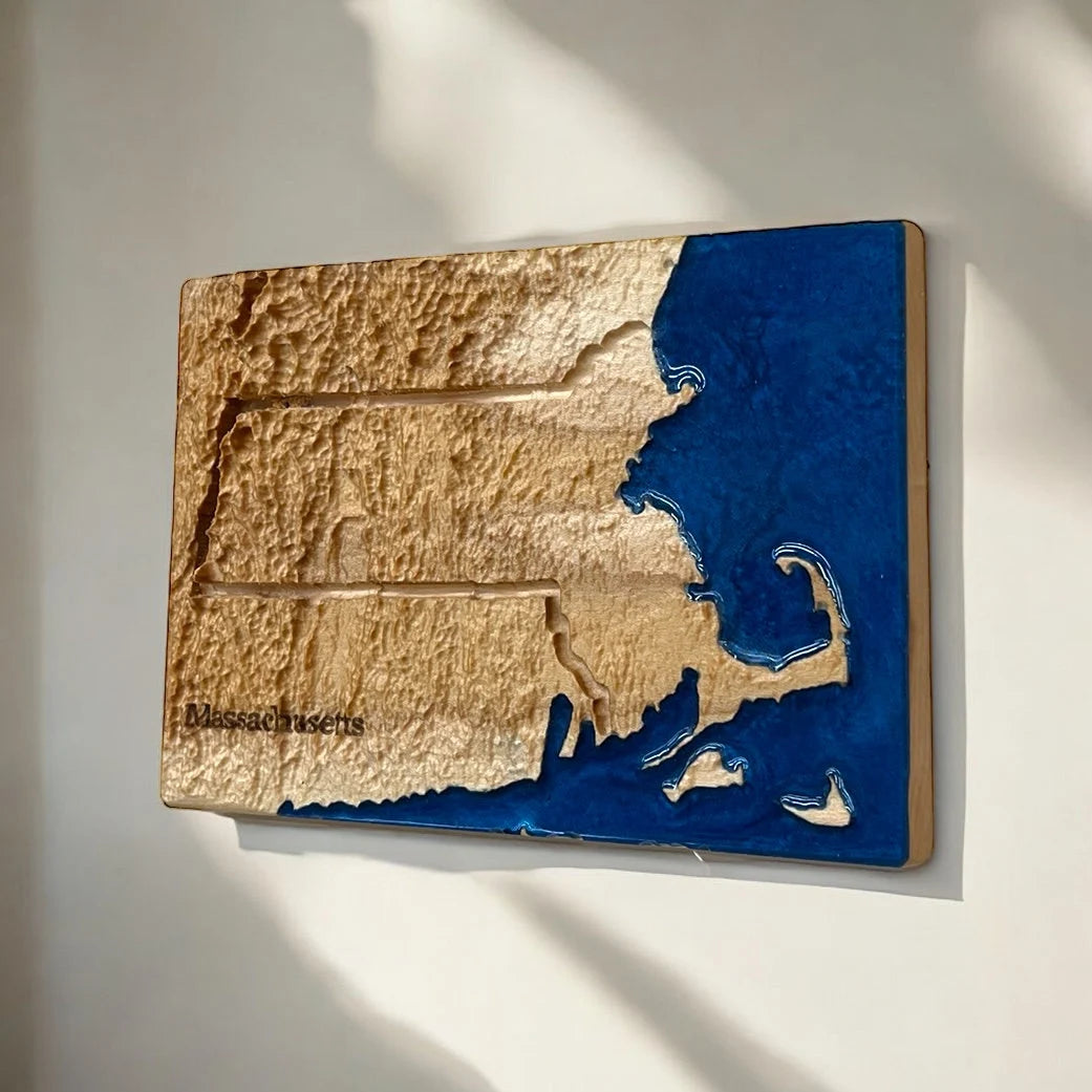 Massachusetts 3D Topographic Wood Carved Relief Map | Massachusetts Map Gift