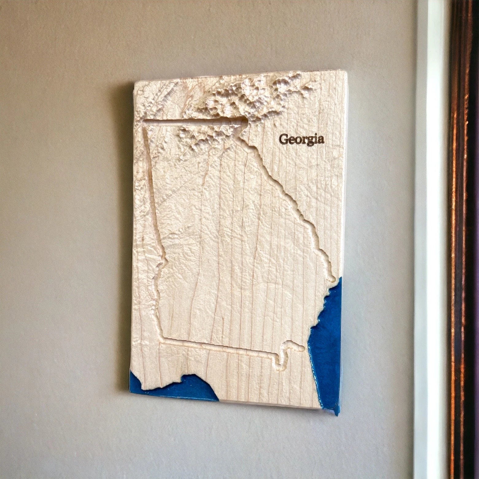 3D topographic map of Georgia on a wall