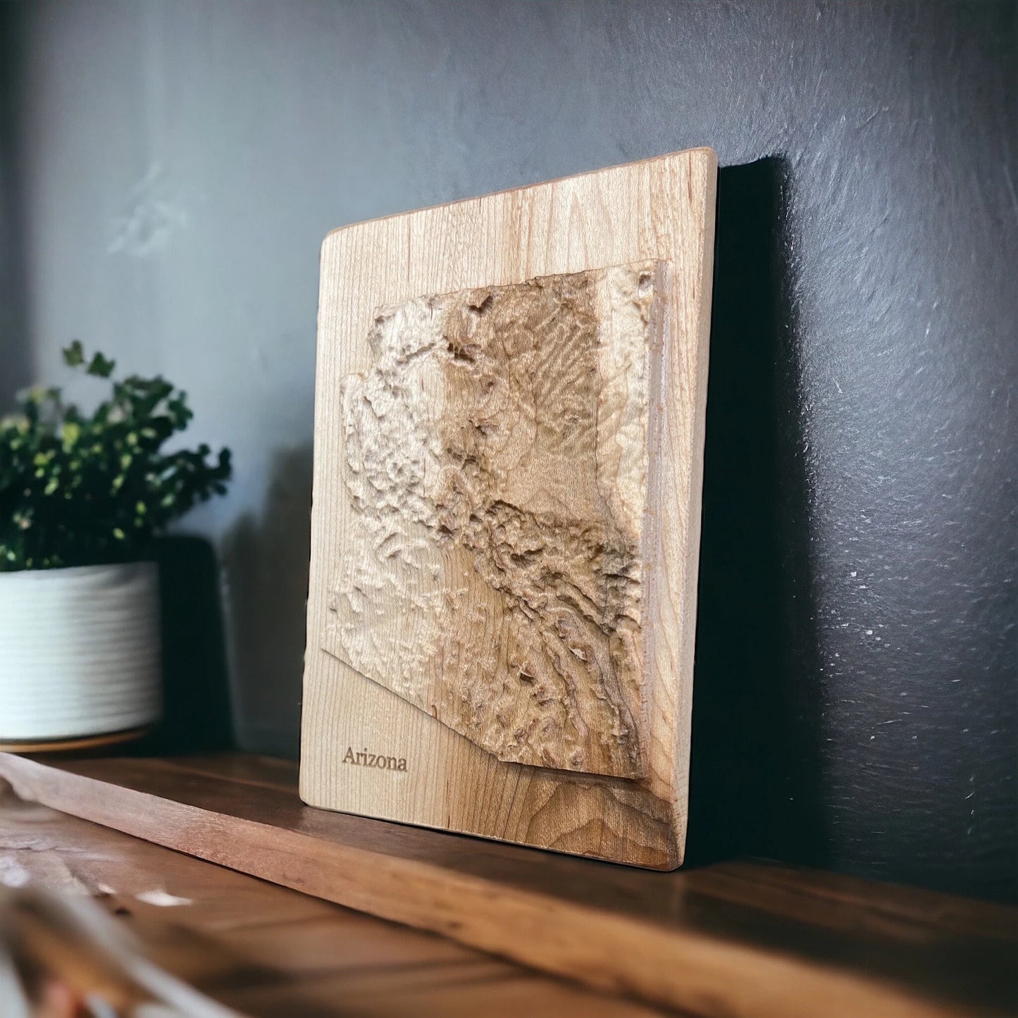 Wooden relief map of Arizona on a shelf with a plant in the background