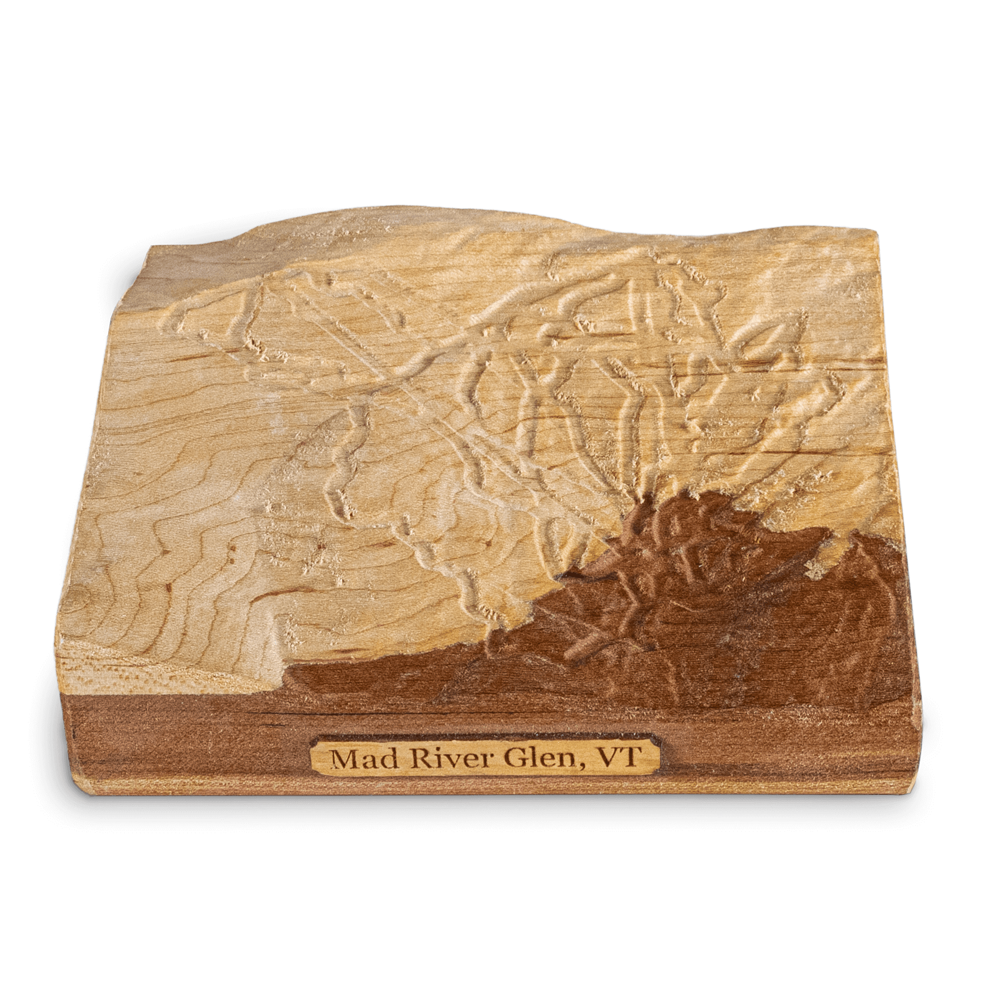 Wooden topographic map of Mad River Glen ski resort in Vermont with a 'Mad River Glen, VT' plaque on a white background