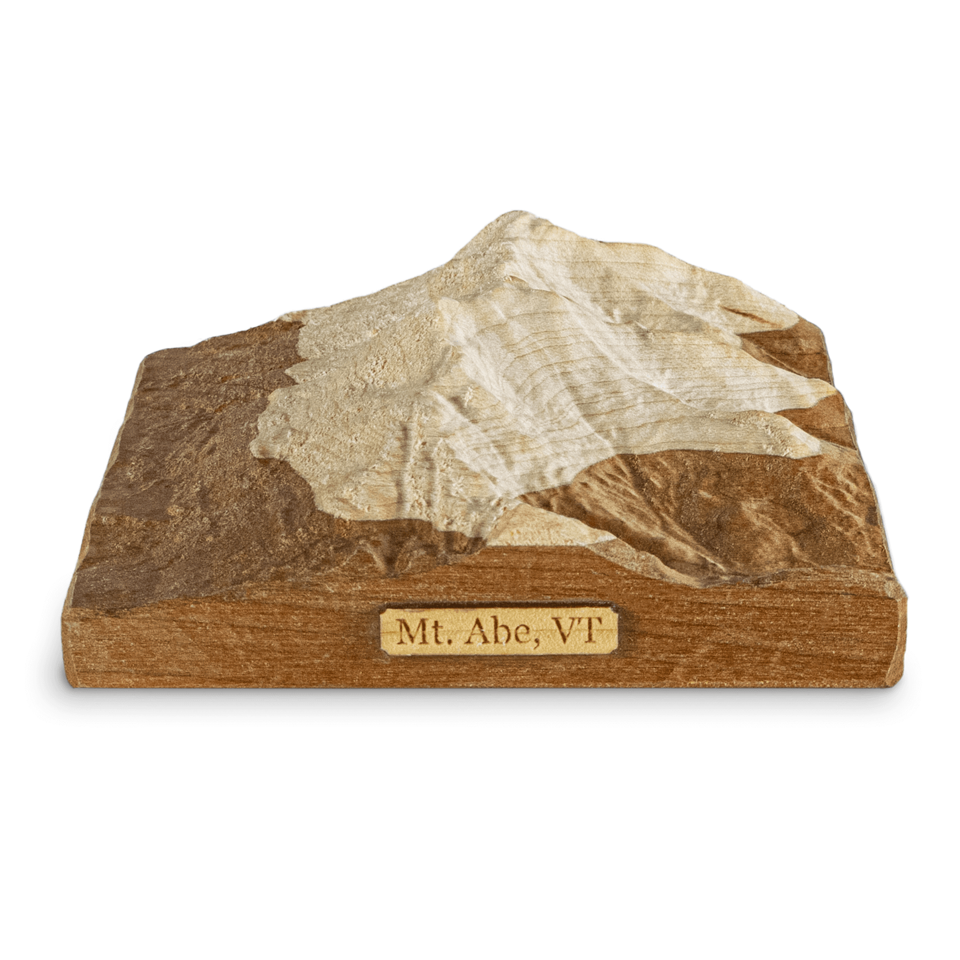 Wood carved topographic map of Mt. Abraham mountain in Vermont, USA.