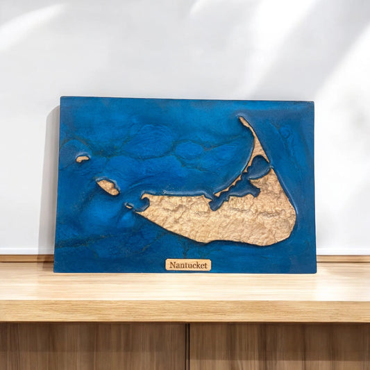 Topographic Map of Nantucket on a wooden surface with a white background