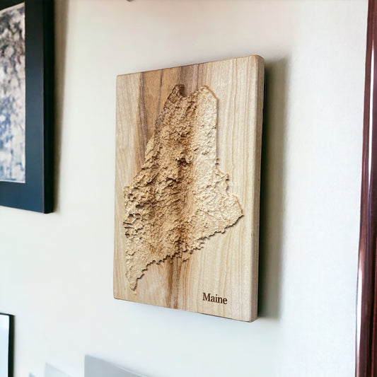 Maine Map | Wood Carved Relief Map | 3D Topographic Wooden Map | Unique Wedding Anniversary Birthday Housewarming Gift | Maine Gift