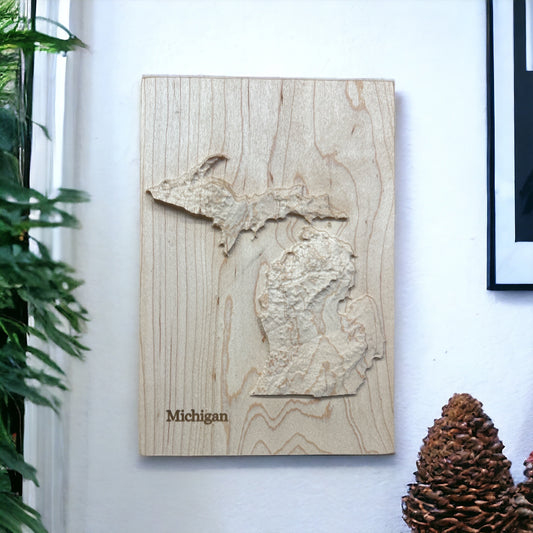 Michigan Map | Wood Carved Relief Map | 3D Topographic Wooden Map | Unique Wedding Anniversary Birthday Housewarming Gift | Michigan Gift