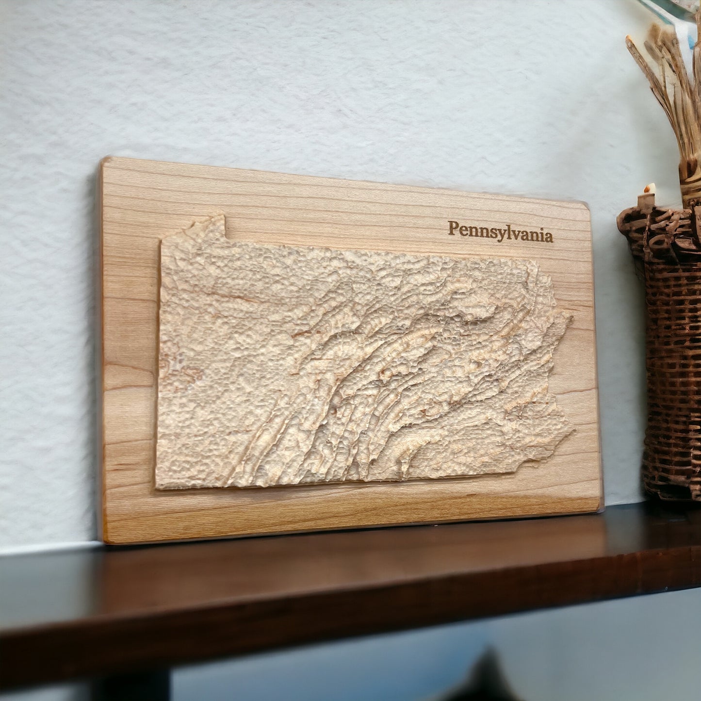 Pennsylvania Map | Wood Carved Relief Map | 3D Topographic Wooden Map | Unique Wedding Anniversary Birthday Housewarming Gift | Pennsylvania