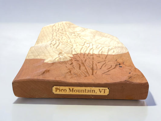 A wooden 3D relief map of Pico Mountain, VT, with topographic details and a custom plaque.