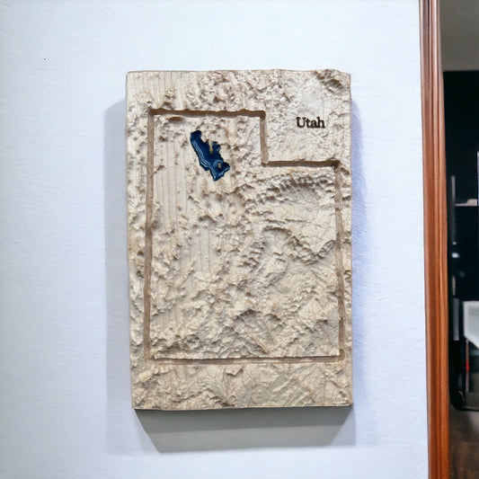 3d relief Map of Utah with a blue epoxy of great salt lake in a blue epoxy