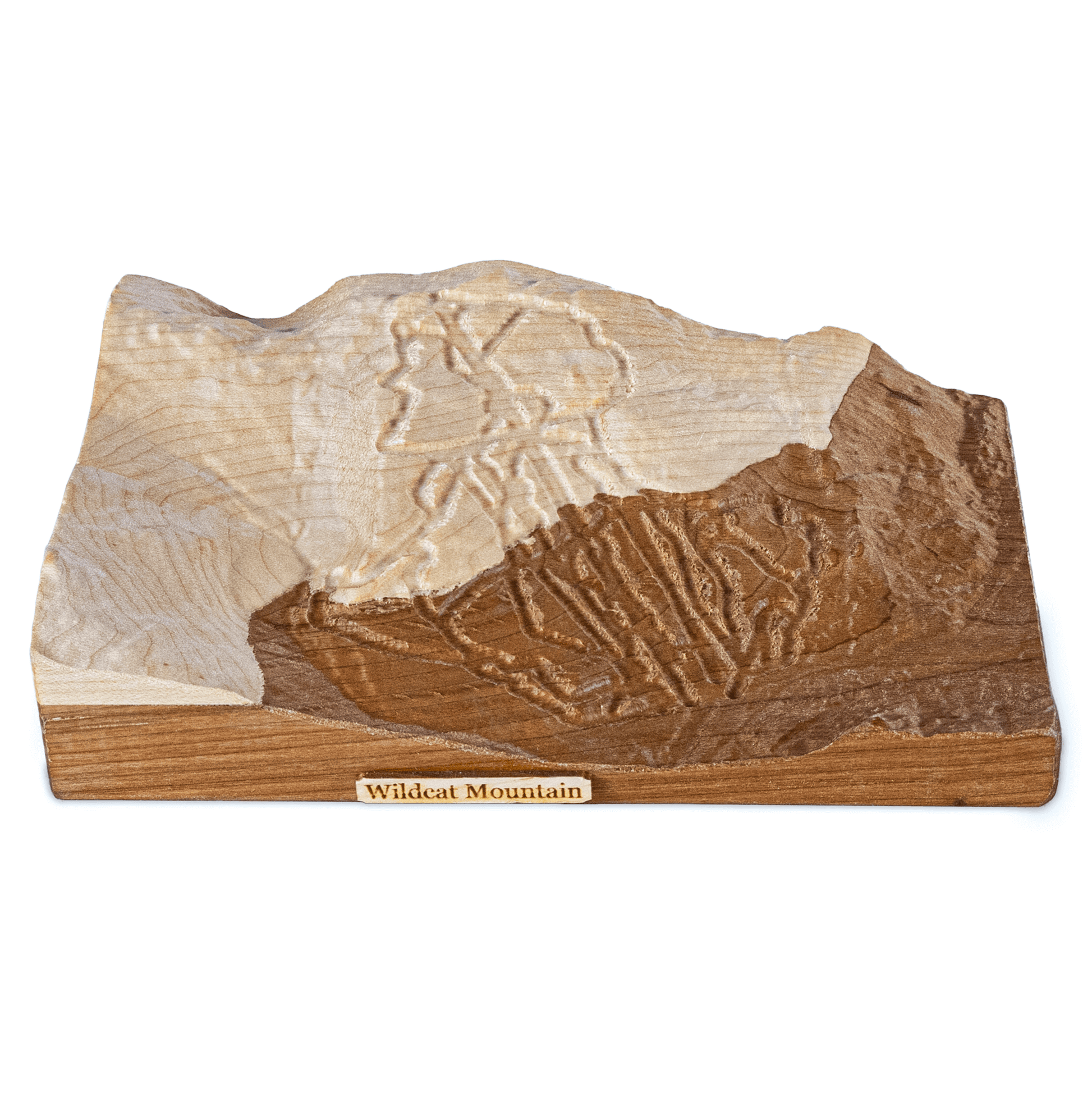 Wooden 3d carved map of a mountain with 'Wildcat Ski Mountain' branding on a wood plaque on a white background
