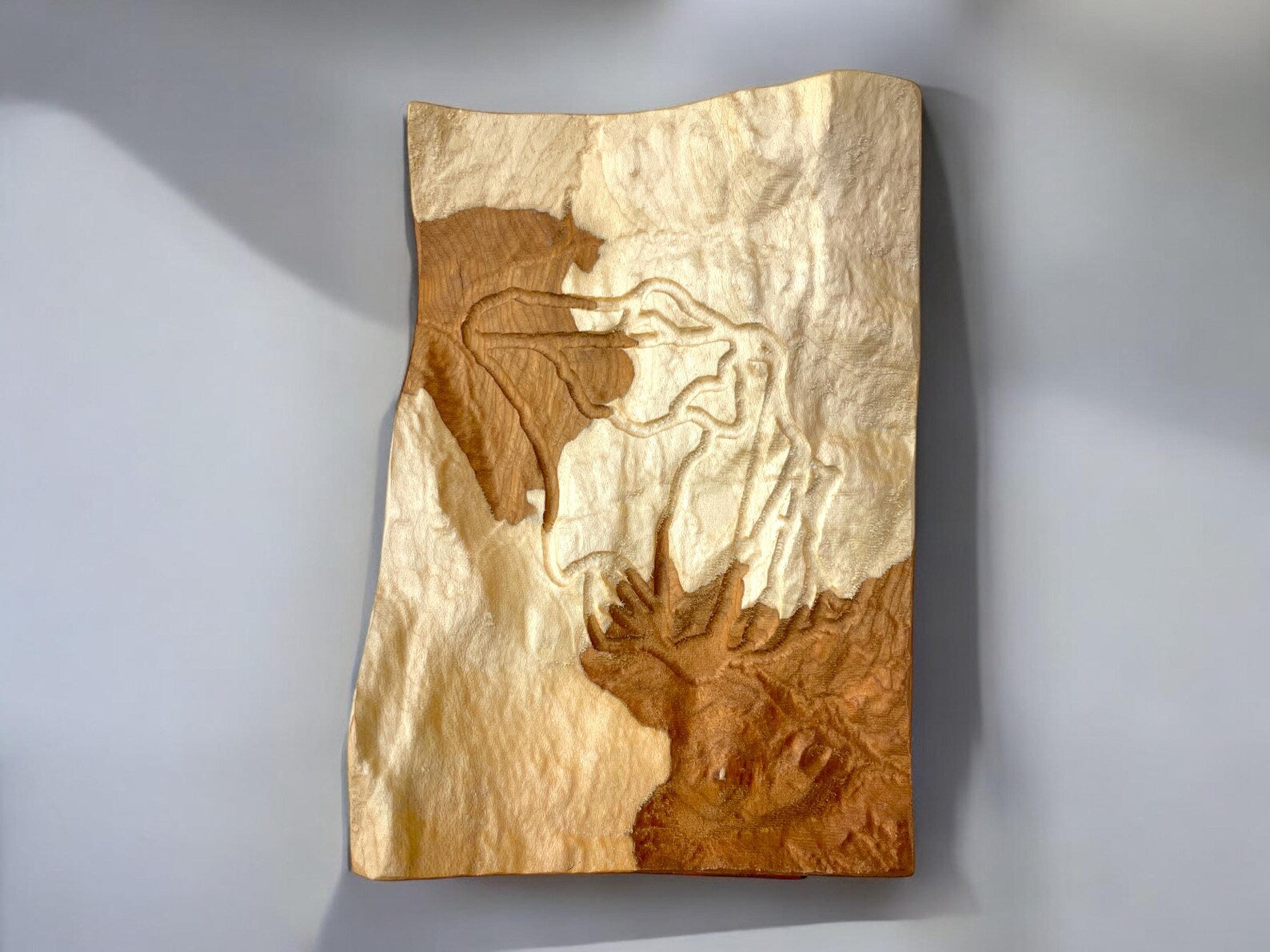 top view of a 3D carved topographical map in wooden 
