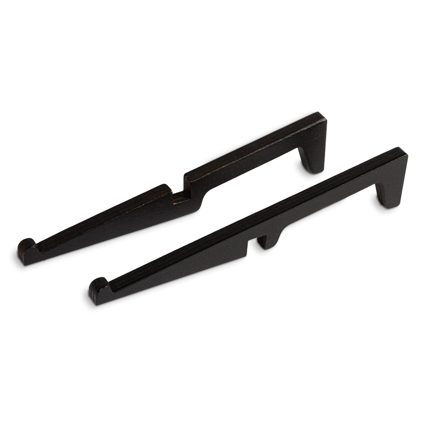 two laser cut long wood shapes which when put together create a stand for a wooden map