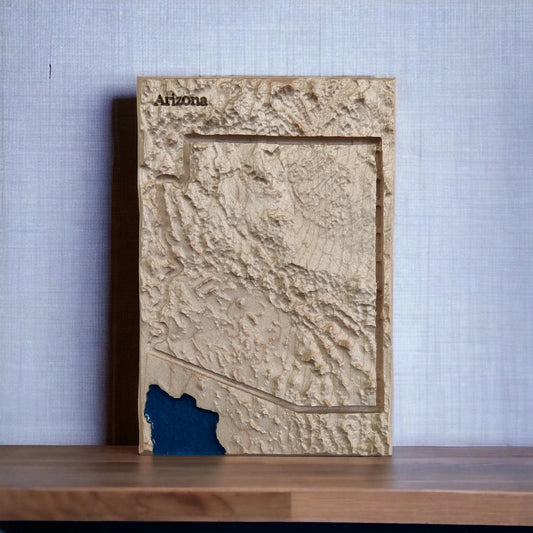 Arizona Map | Wood Carved Relief Map | 3D Topographic Wooden Map | Unique Wedding Anniversary Birthday Housewarming | Arizona Gift