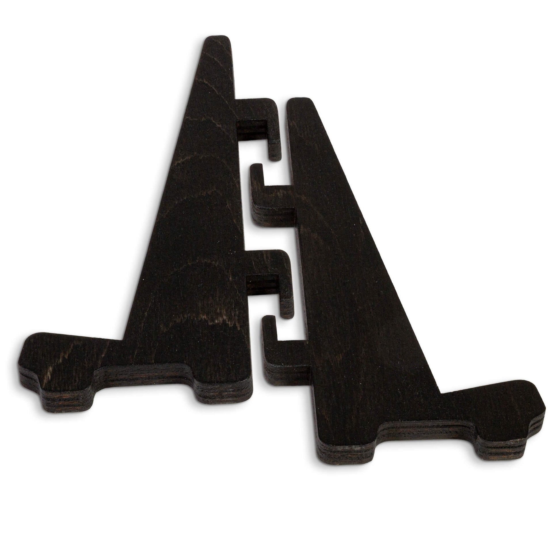 two laser cut pieces of wood shaped to connect together to create a vertically orientated display stand