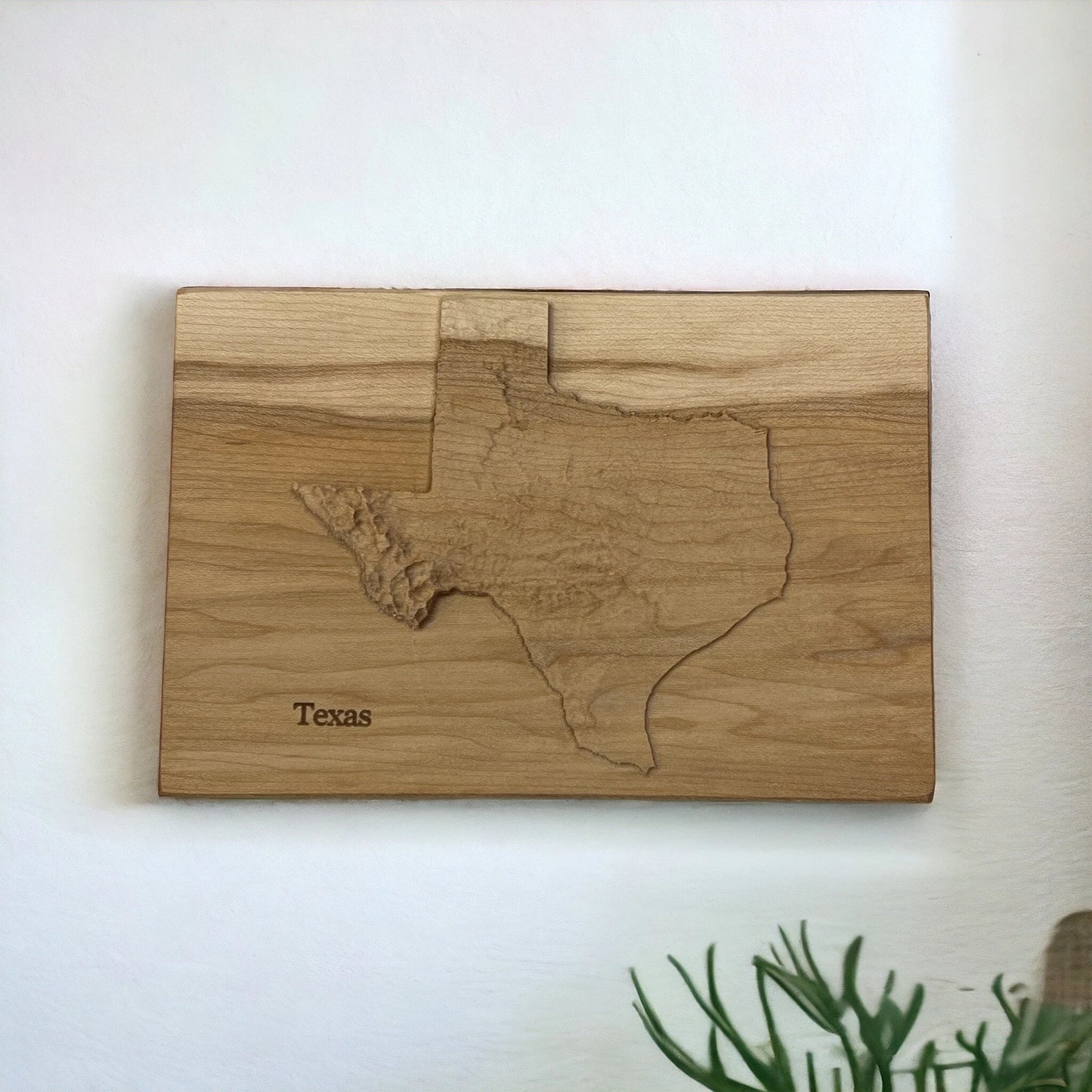 Wooden wall art with a 3D cutout of Texas on a white background