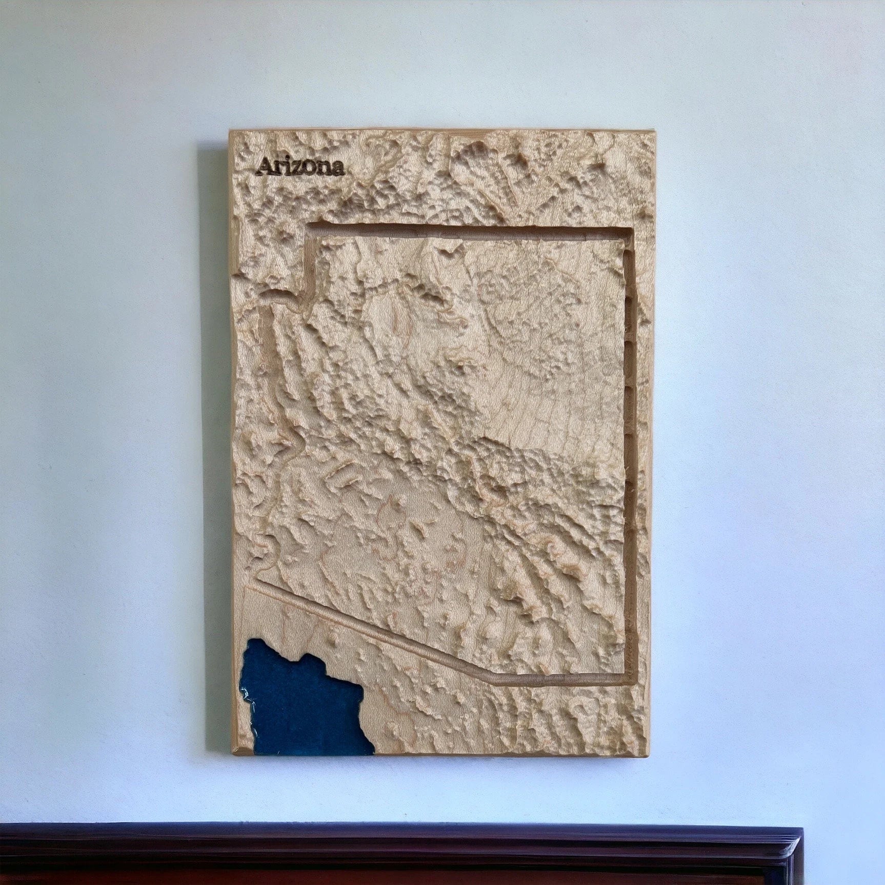 Topographic map of Arizona on a wall with gulf of California